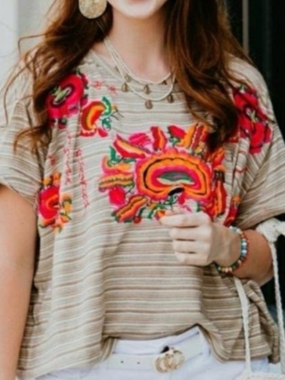 Free People Embroidered Beige Striped Women's Top - Floral Accent